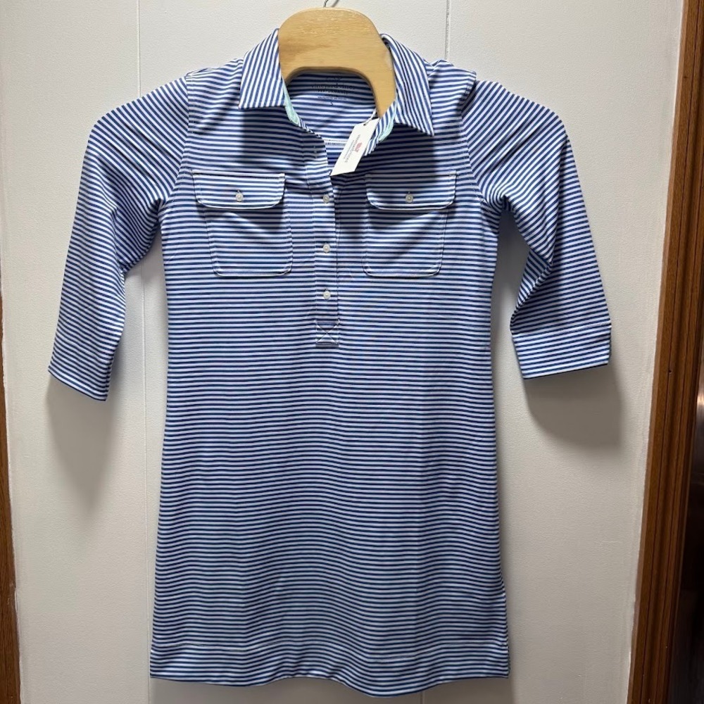 Vineyard Vines Performance UPF Stripe Shirt Dress Marlin Blue White Small NEW
